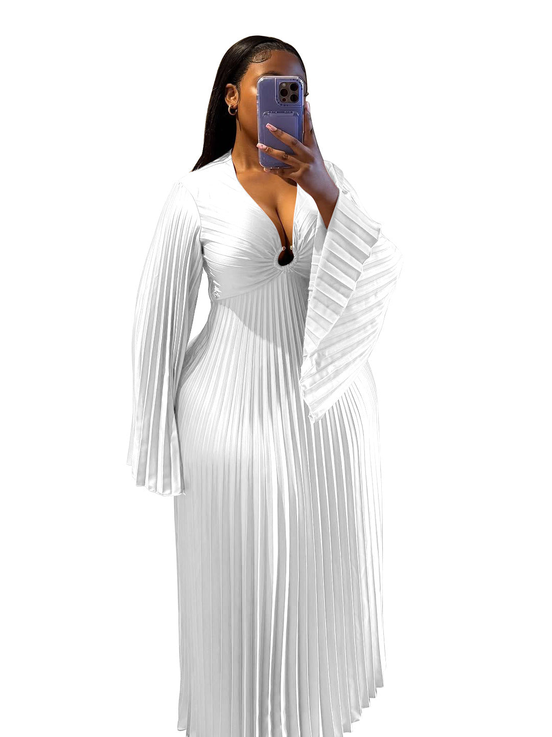 Elegant Solid V-Neck Long Sleeve Dress For Women