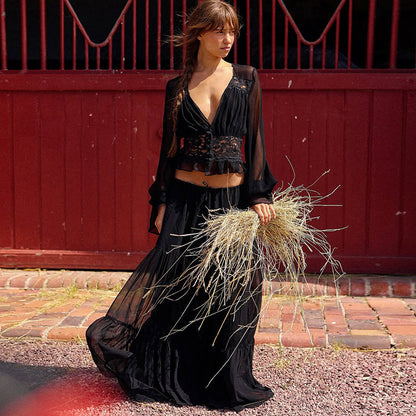 Fashionable French Lace Chiffon Cardigan Top with Tie Long Dress