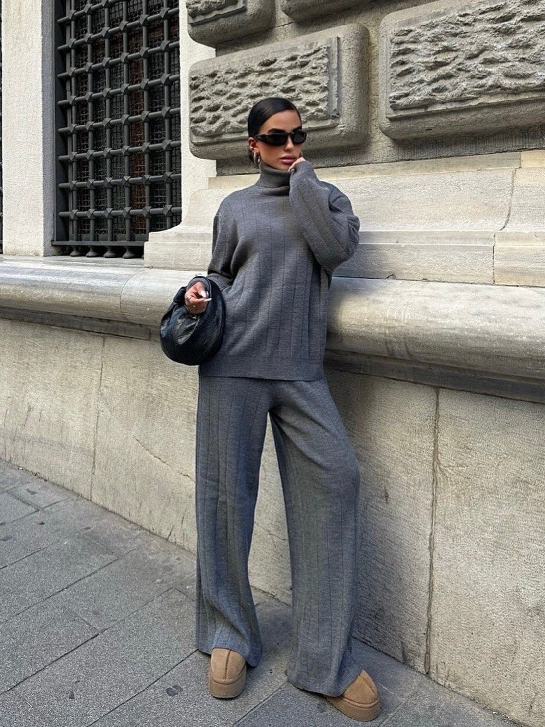 Charcoal Knitwear Set With High Neck And Wide Leg Trousers