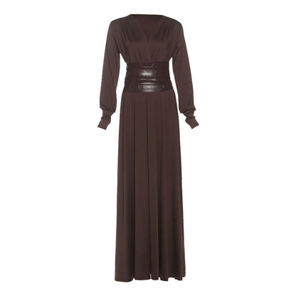 French Elegant Vintage V-Neck Loose Maxi Dress With Waist Belt