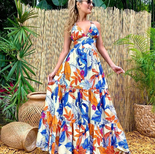 Womenswear Fashion Print Sexy Dress Slip Deep V Sleeveless Backless Maxi Dress