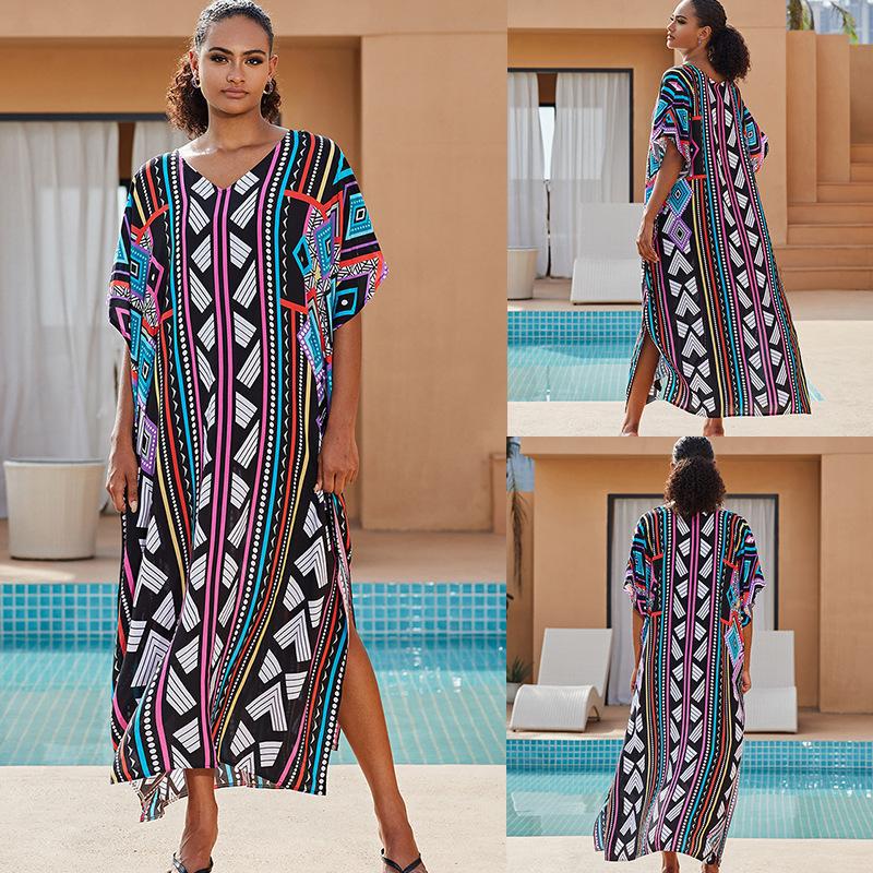 Cotton Watermark Printed Beach Blouses Robe-Style Holiday Sunscreen Blouses Bikini Blouses