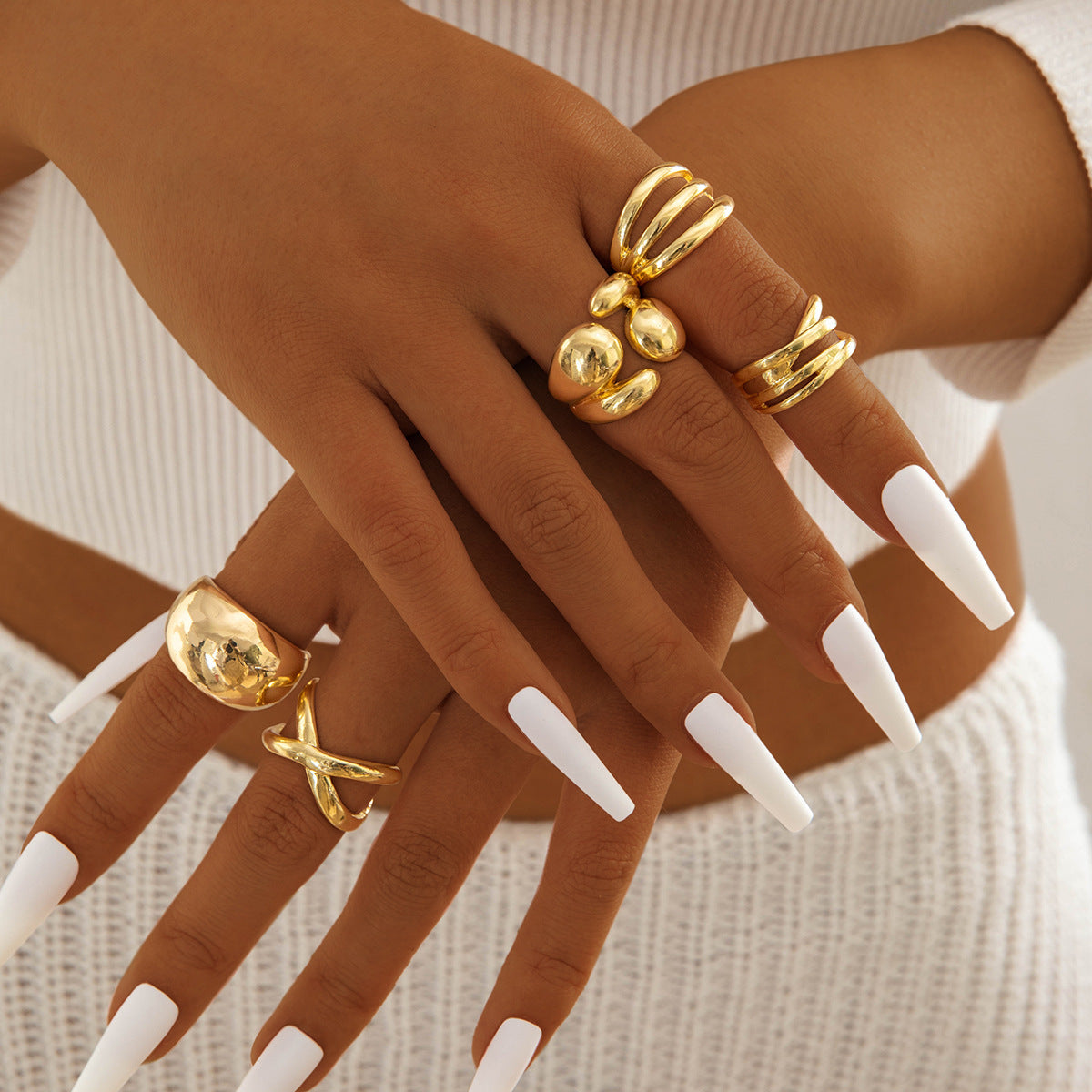 Irregular Pearl Ring Set Trendy Gold Retro Geometric Statement Rings