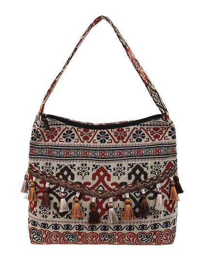 Trendy Ethnic Style Large Canvas Tote Bag with Fringe