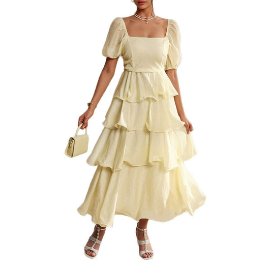 Elegant Ruffled Puff Sleeve Midi Dress for Women