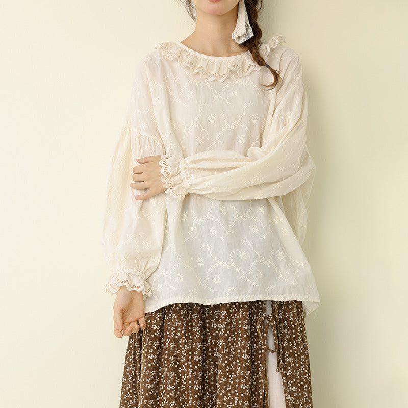 Sweet Plain Embroidered Lantern Sleeve Top Casual Loose Blouse