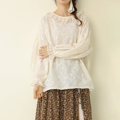 Sweet Plain Embroidered Lantern Sleeve Top Casual Loose Blouse