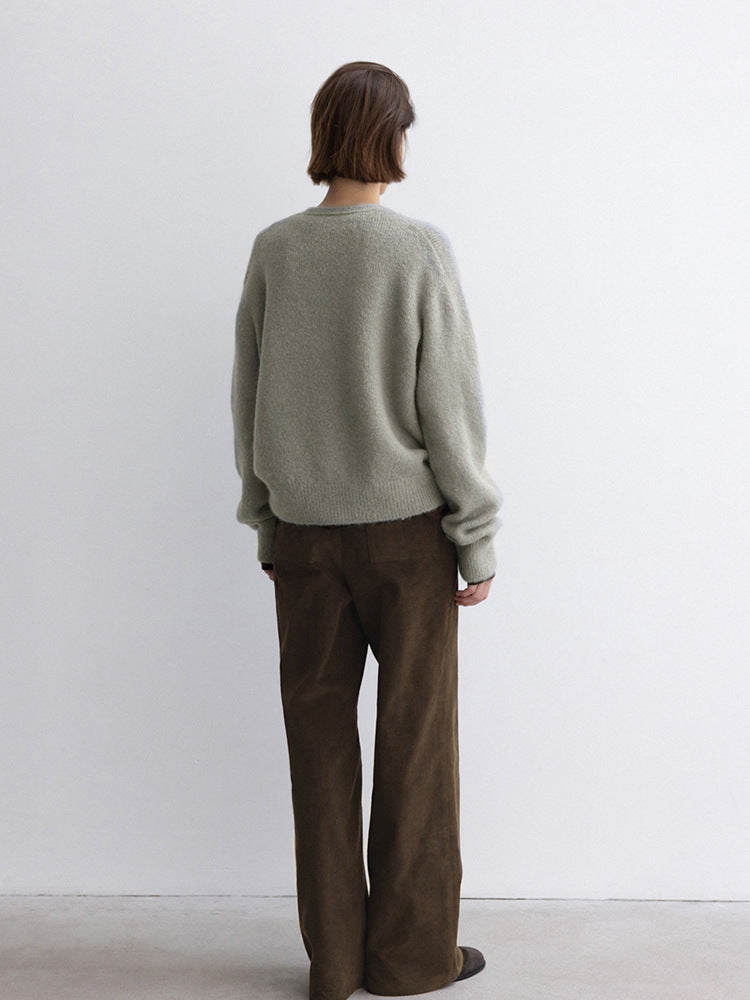 V-Neck Warm Knit Sweater with Rabbit Hair for Casual Elegance