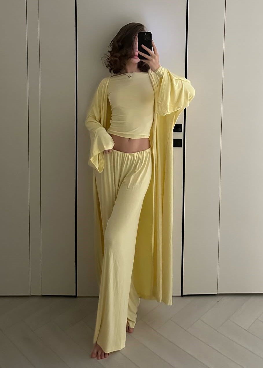 Three Piece Jersey Lounge Set Yellow Soft Texture