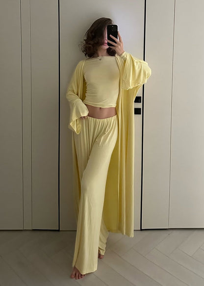 Three Piece Jersey Lounge Set Yellow Soft Texture
