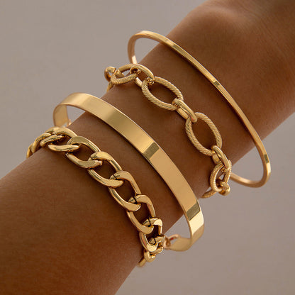 Vintage Geometric Open-Cuff Gold Bracelet Set