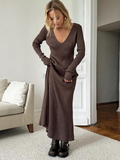 Solid Color Long Sleeve Bodycon Dress V-Neck Elegant Knit Dress