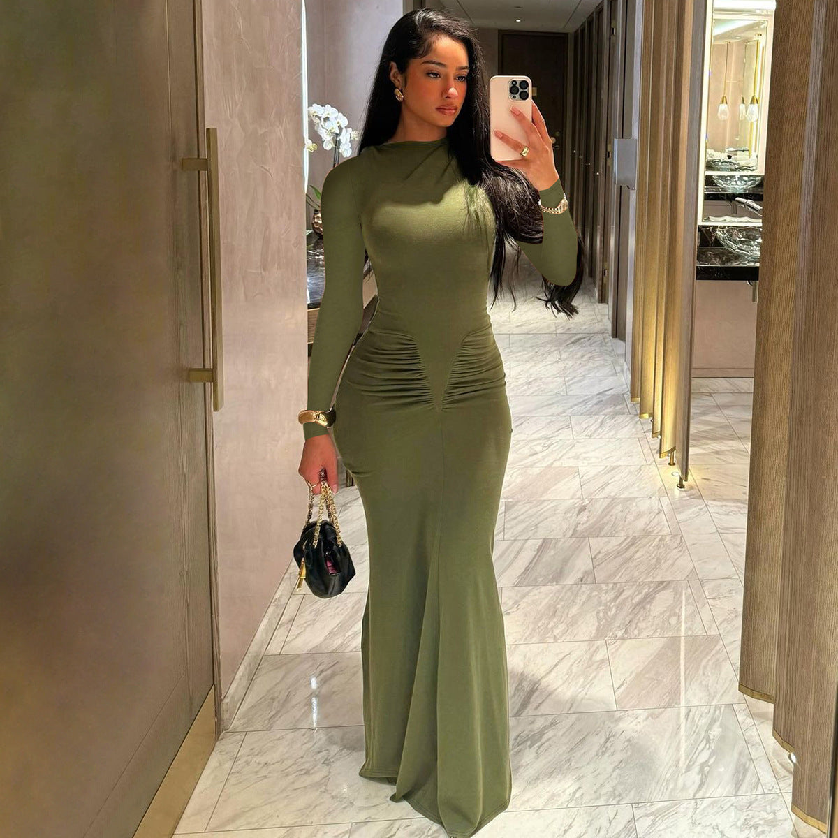 Chic Fit Ruched Round Neck Long Sleeve Dress