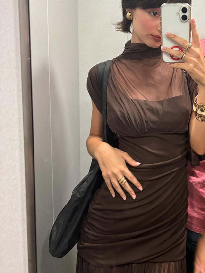 Sexy Bodycon Long Dress With Sheer Overlay