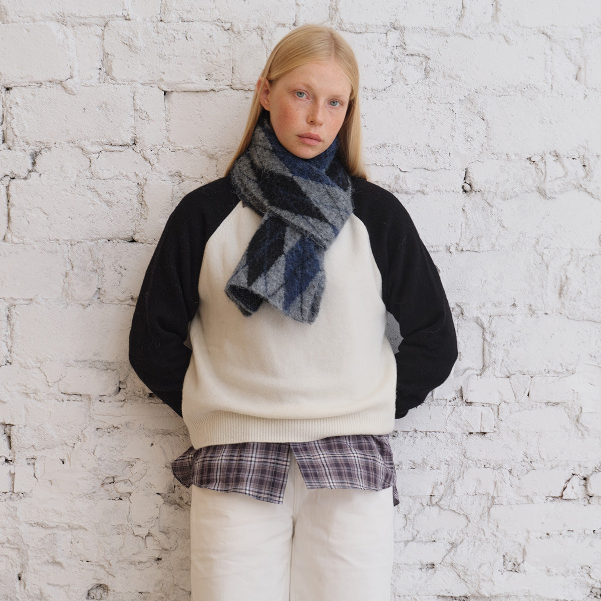 Wool Blend Geometric Knit Scarf Soft Winter Neck Warmer