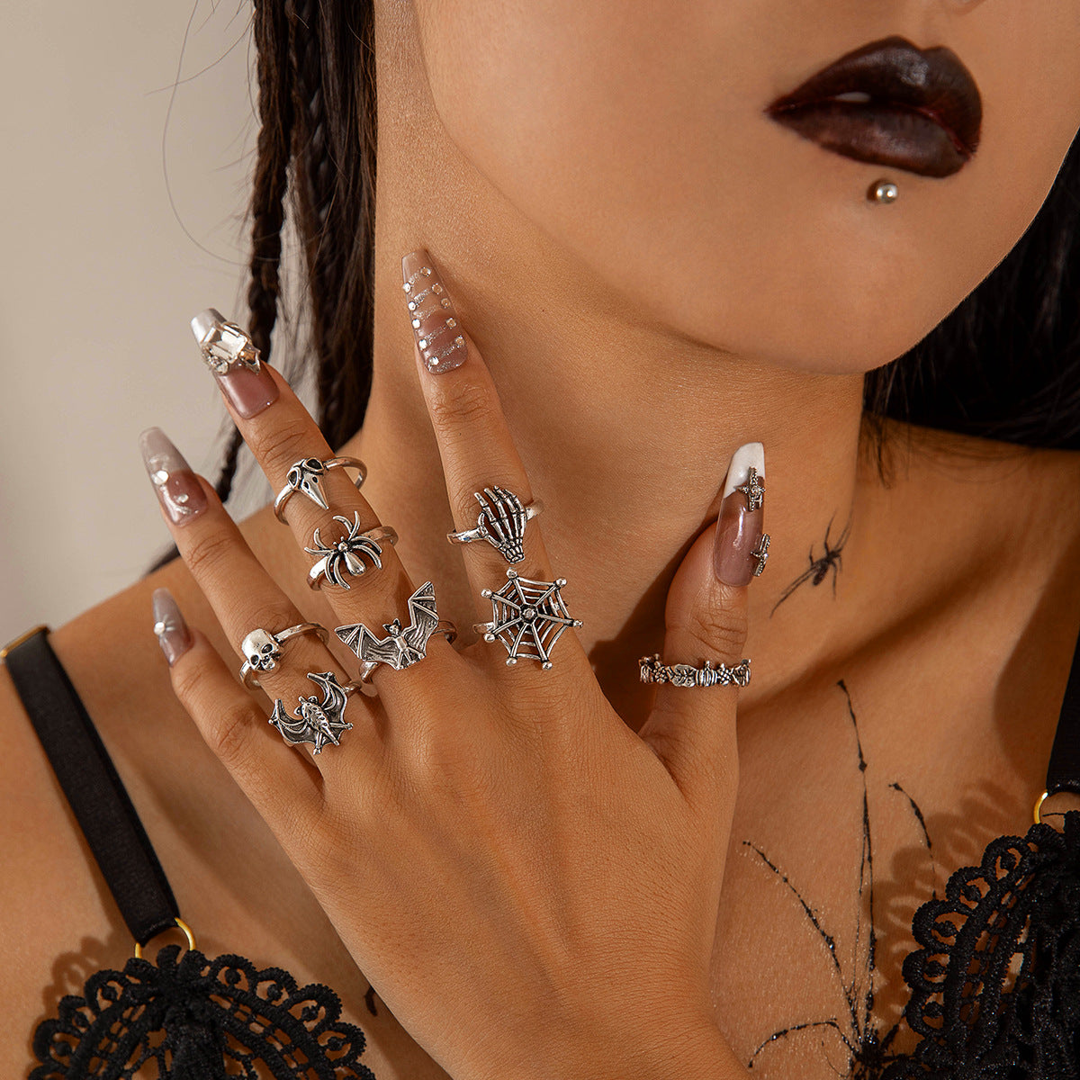Halloween Gothic Skull Vintage Rings Punk Spider Snake Animal Ring Set