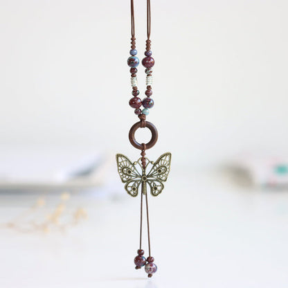 Ethnic Style Ceramic Long Sweater Chain Women'S Antique Hanging Vintage Chinese Style Butterfly Necklace