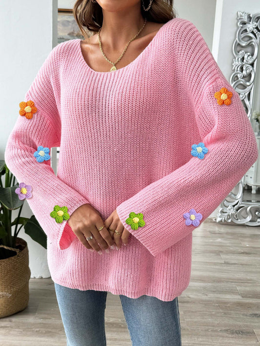 Women鈥檚 Crochet Floral Patchwork Top Loose Off-Shoulder Sweater