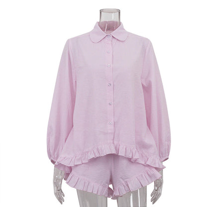 Fashion Striped Two-Piece Set with Ruffled Puff Sleeve Shirt and Loose Shorts