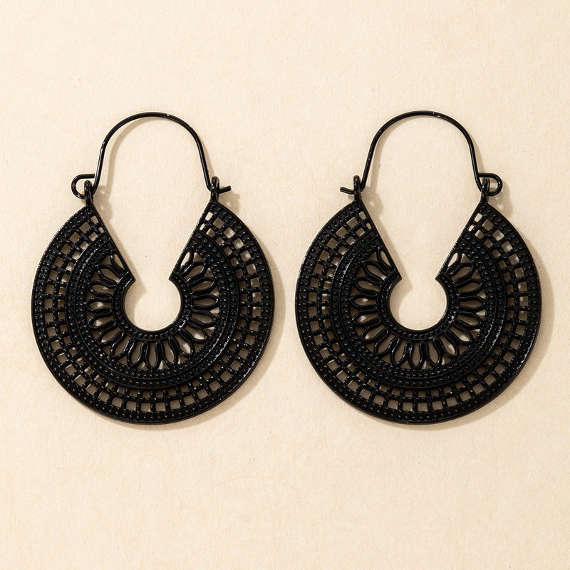 Vintage Geometric Metal Hoop Earrings With Floral Patterns
