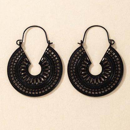 Vintage Geometric Metal Hoop Earrings With Floral Patterns