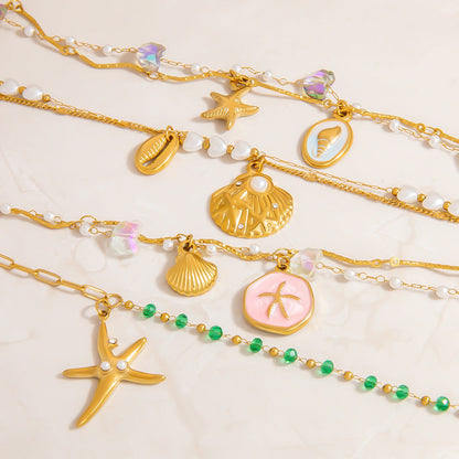 Stainless Steel Pearl Bracelets with Starfish and Shell Charms