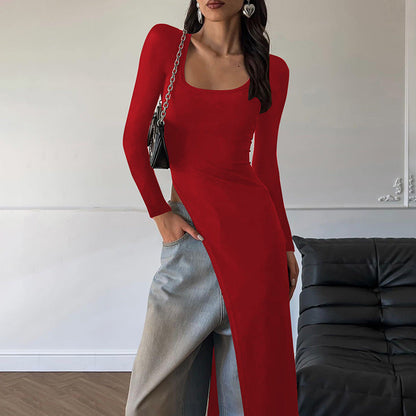 Fashionable U-Neck Bodycon Long Sleeve Dress Black