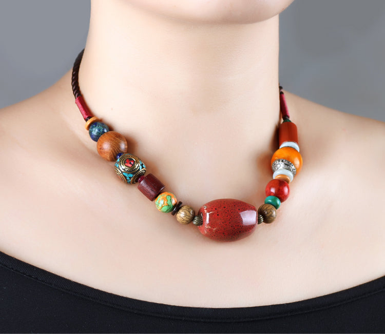 Ethnic Style Original Handmade Tibetan Jewelry Necklace Vintage Multi Treasure Ceramic Beads Versatile Short Collarbone Neck Chain