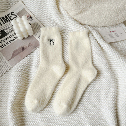 Winter Plush Solid Color Bow Embroidery Crew Socks