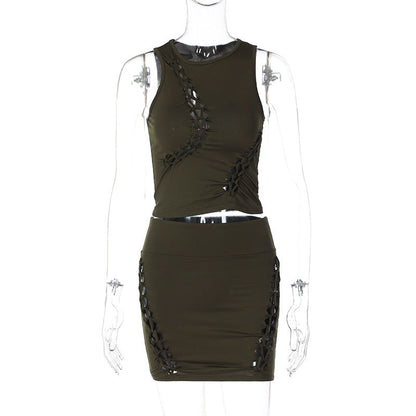 Stylish Sleeveless Hollow Out Top And Skirt Set