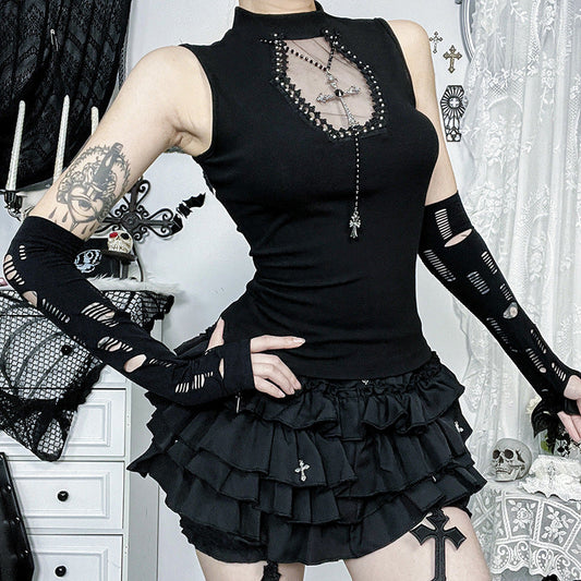 Dark Removable Chain Top Gothic Style Casual Blouse