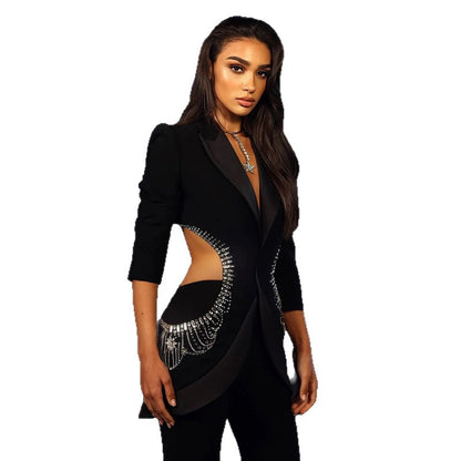 Trendy Hollow Out Rhinestone Blazer Suit Set