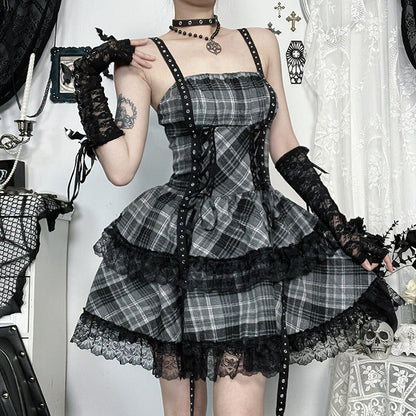 Dark Gray Plaid Mini Dress Stylish Comfortable Streetwear