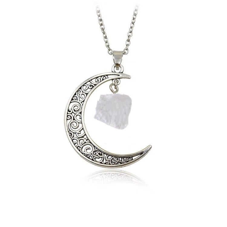 Natural Stone Crystal Necklace Vintage Moon Alloy Sweater Chain