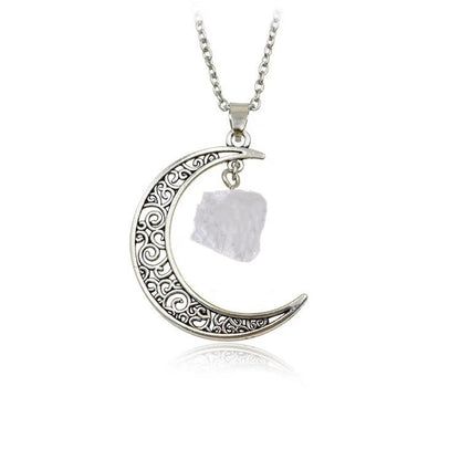 Natural Stone Crystal Necklace Vintage Moon Alloy Sweater Chain