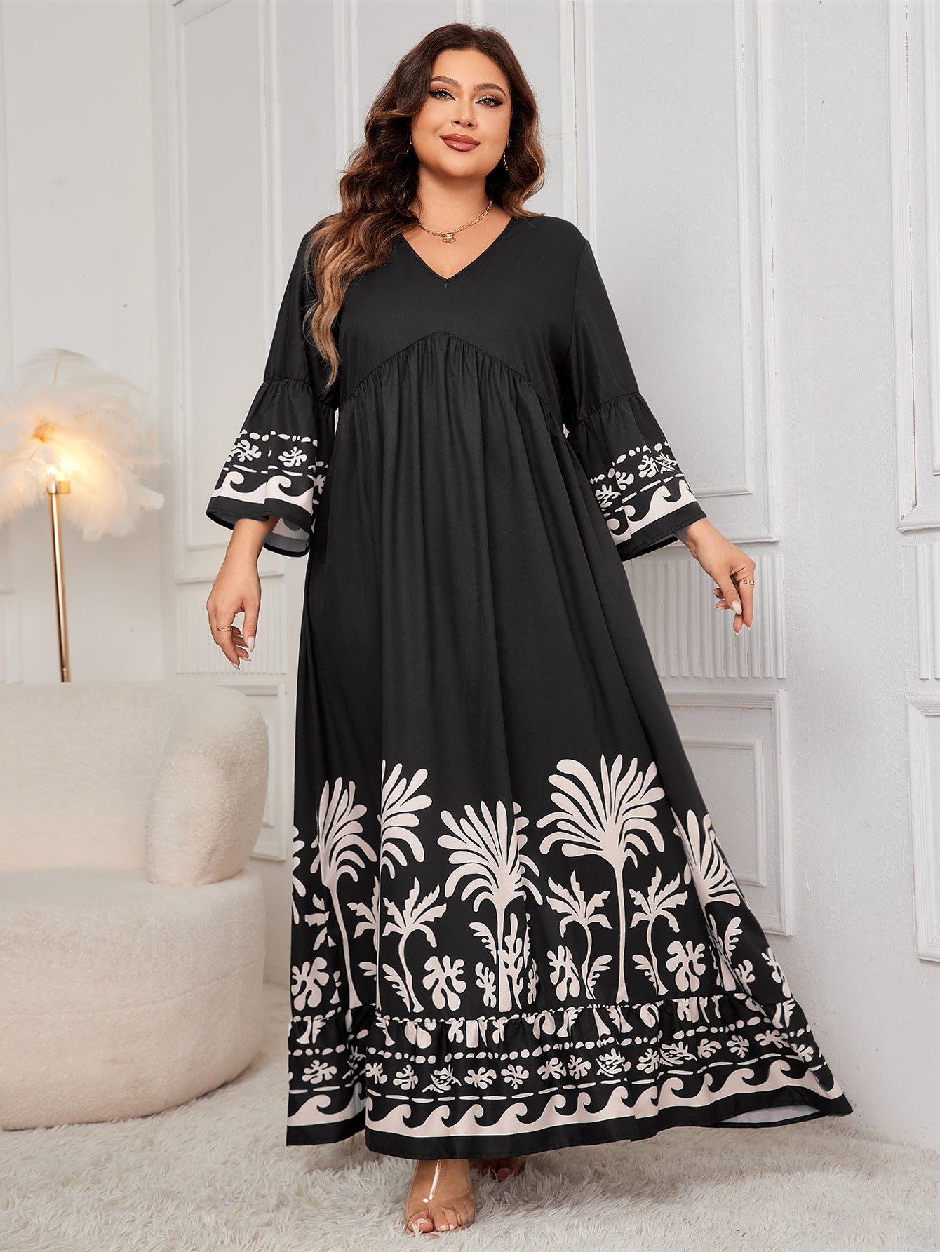 V-Neck Floral Long Dress with Flared Sleeves