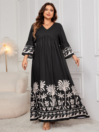 V-Neck Floral Long Dress with Flared Sleeves
