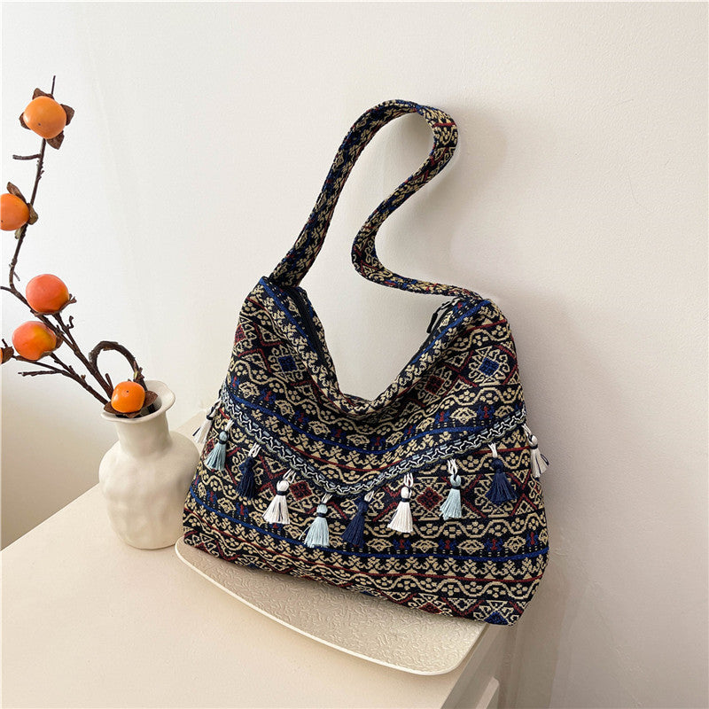 Trendy Ethnic Style Large Canvas Tote Bag with Fringe