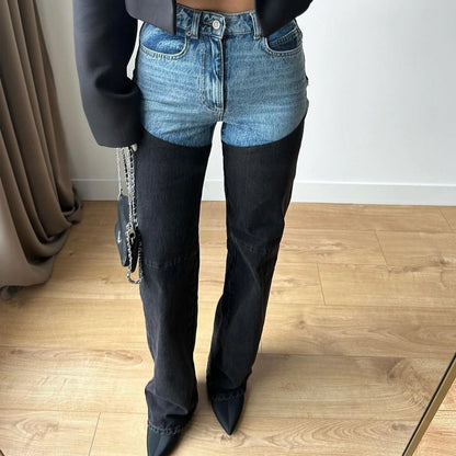 Color Block Splicing Straight Jeans