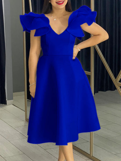 High-Waisted A-Line Dress With Ruffle Sleeves