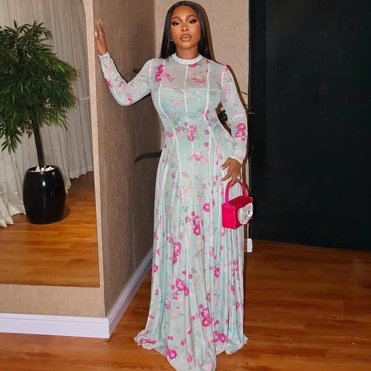 Floral Print A-Line Dress With Long Sleeves
