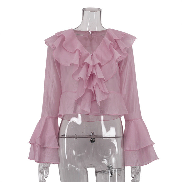 Feminine Ruffle Collar Cardigan Blouse Pink Casual Top