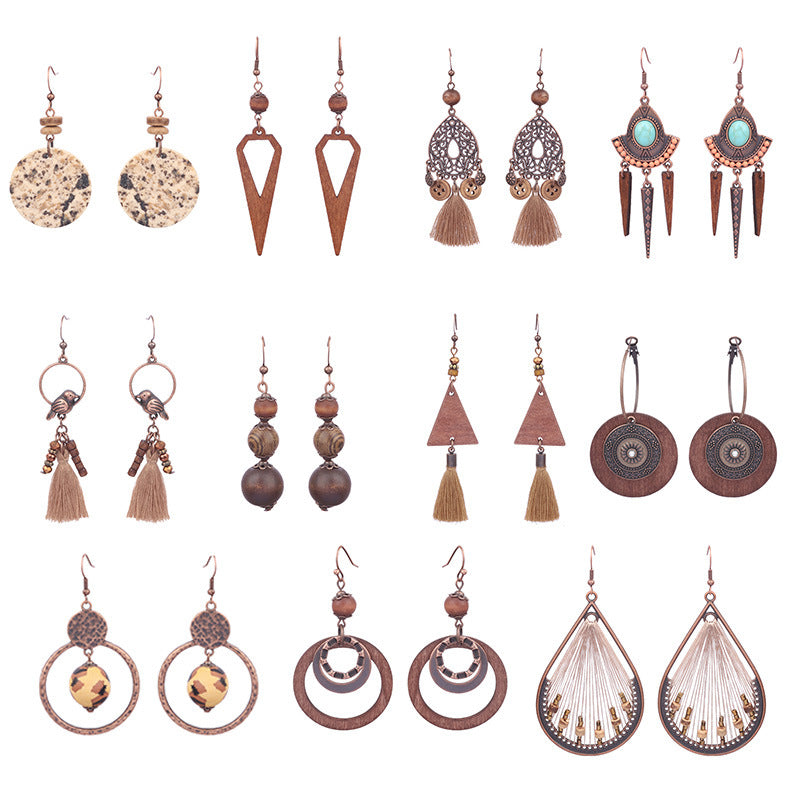 Retro Water Drop Shape Wooden Earrings Handcrafted with Tassels