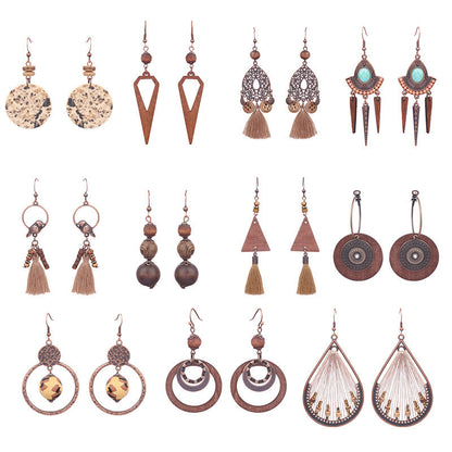 Retro Water Drop Shape Wooden Earrings Handcrafted with Tassels