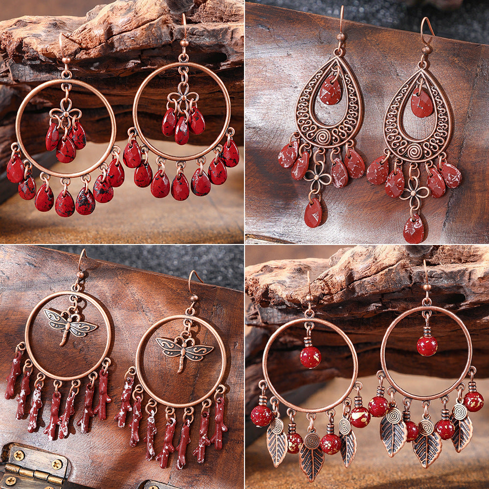 Vintage Chandelier Tassel Earrings Red Unique Elegant Statement Jewelry