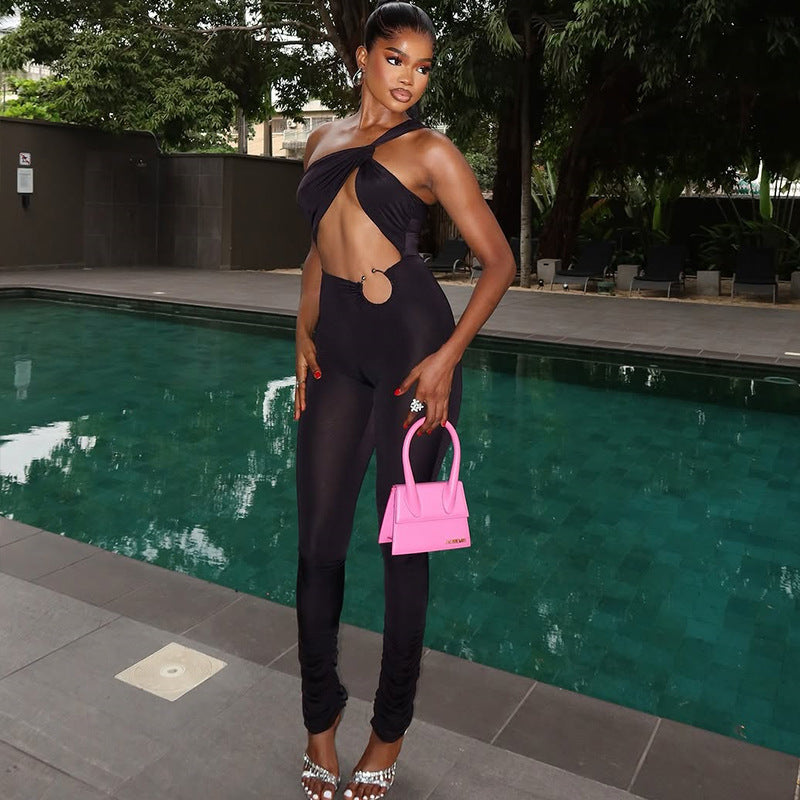 Trendy Casual Slim Fit Jumpsuit With Metallic Ring And Asymmetrical Design