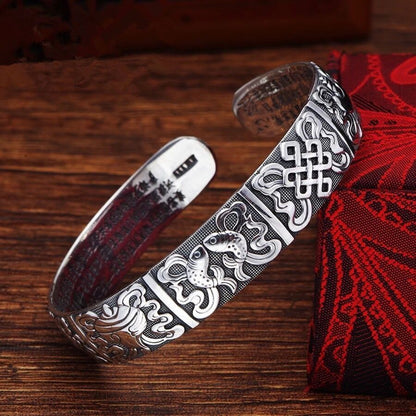 Vintage Thai Silver Auspicious Eight Treasures Bracelet Worn-Out Black Tibetan Silver Bracelet Miao Silver Jewelry Handmade Ethnic Style Woman