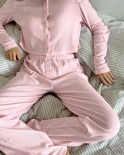 Solid Color Knit Long Sleeve Sleepwear Set