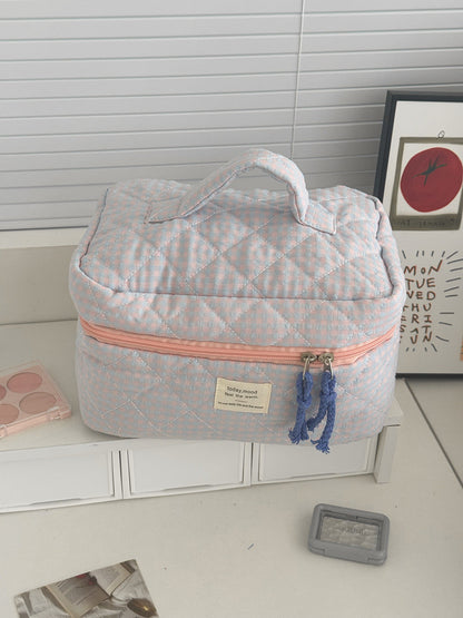 Color Block Plaid Makeup Bag Stylish Quilted Storage Organizer