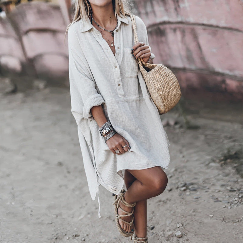 Women'S Casual Loose Cotton Linen V-Neck Midi Dress